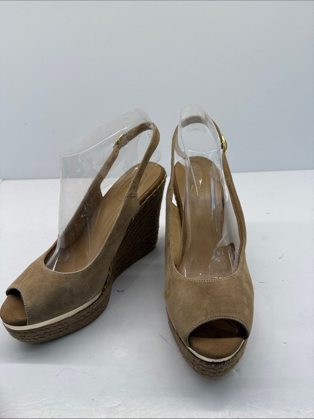Browns Couture Suede Peep-Toe Slingback Wedges in Tan